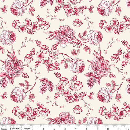 Heirloom Red Line Floral Cream 1/2 yard