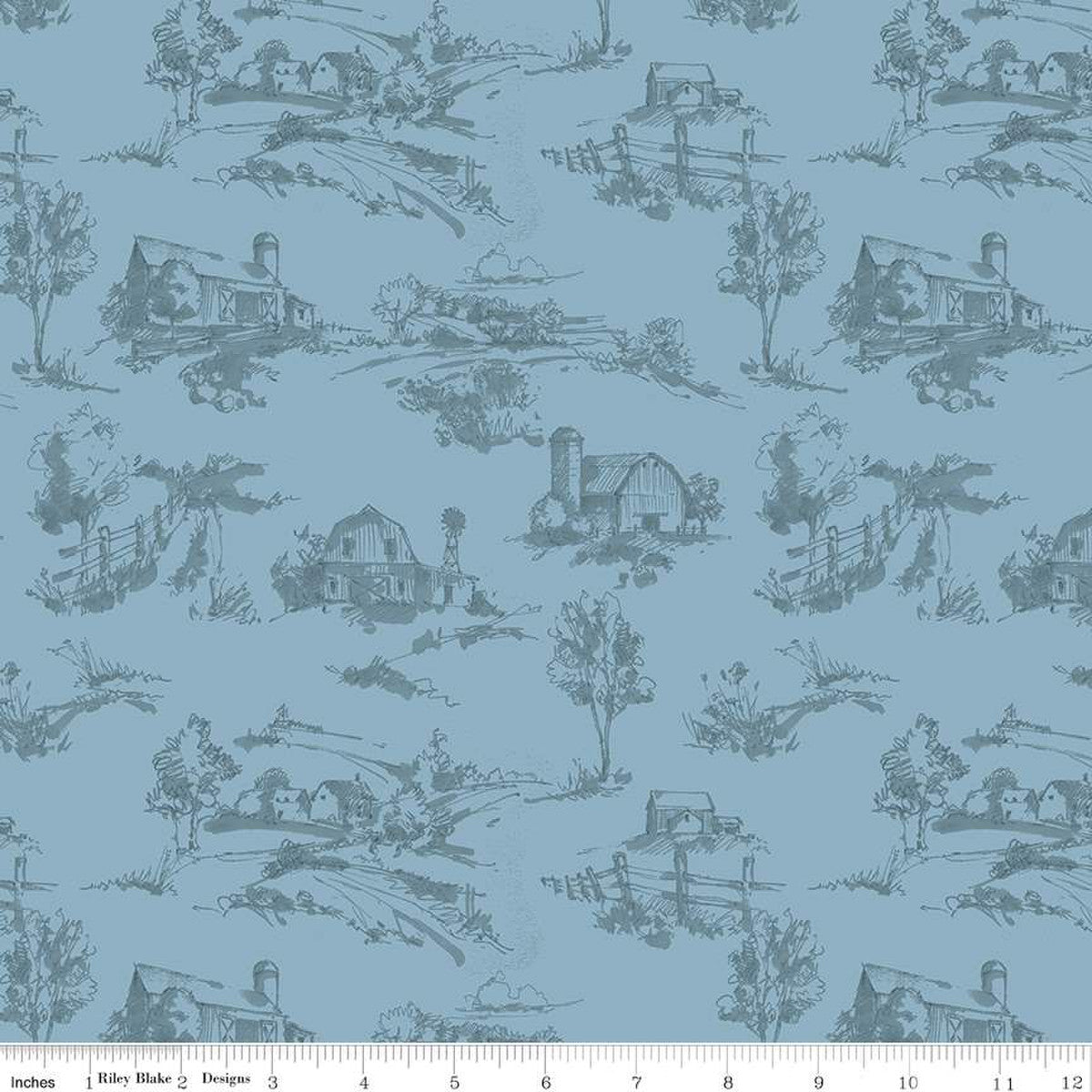 Countryside Scenery Blue 1/2 yard