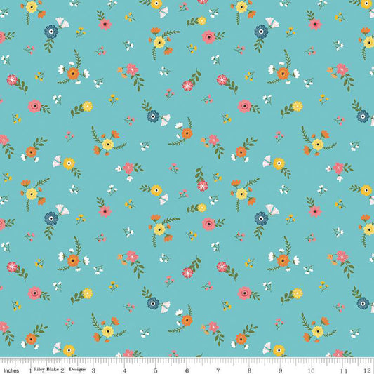 Gone Glamping Flowers Aqua 1/2 yard