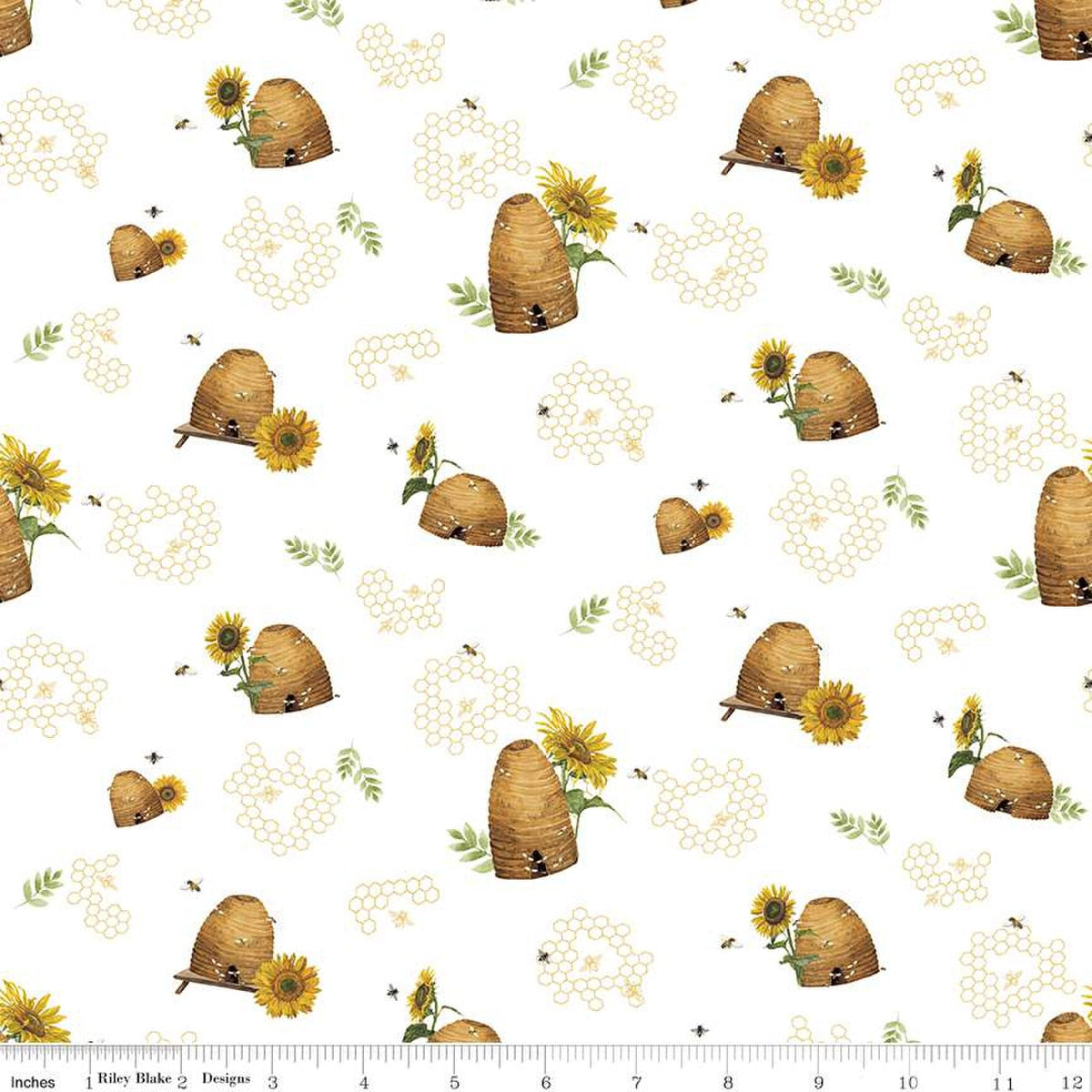 Honey Bees and Flowers Please Beehives White 1/2 yard