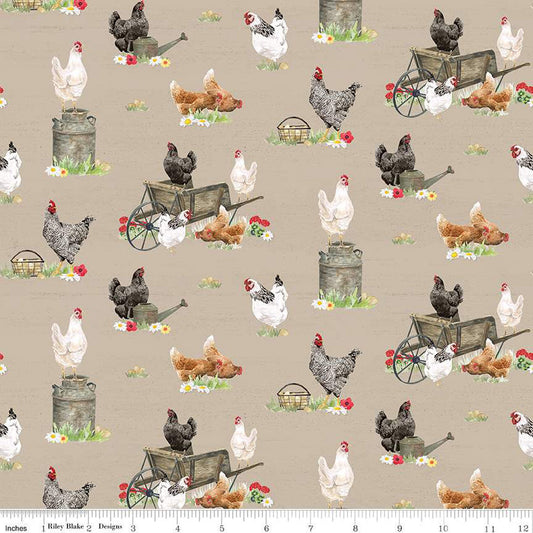 Spring Barn Quilts Chickens Tan 1/2 yard