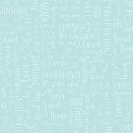 Red, White & Bloom Wordy Words (Aqua) 1/2 yard